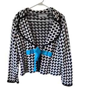 Willow Womens Caridgan Sweater Black White Blue Bow Size Medium Office